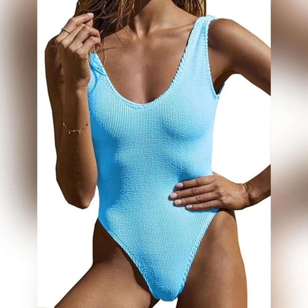 NWOT Tainehs One Piece Scoop Neck Low Back High Cut Cheeky Swimsuit, 8-10